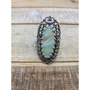 Vtg Silver Colored Mother of Pearl Oval Filigree Ring Adjustable West Germany
